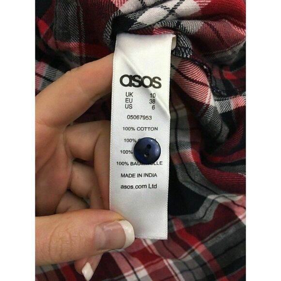 Asos Black White Red Plaid Long Sleeve top - Picture 6 of 6